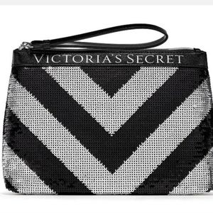 NWT Victoria's Secret Black and Silver Sequined Makeup Beauty Sparkle Clutch Bag